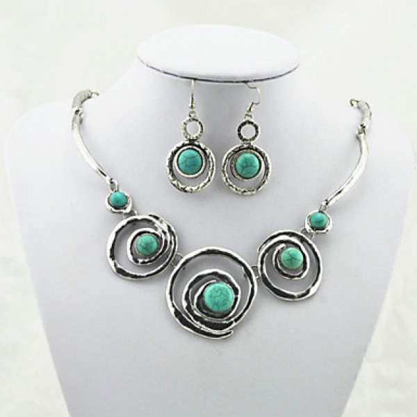 Vintage Antique Silver  Alloy Round Turquoise Stone Necklace Earring Jewelry Set(1Set)  