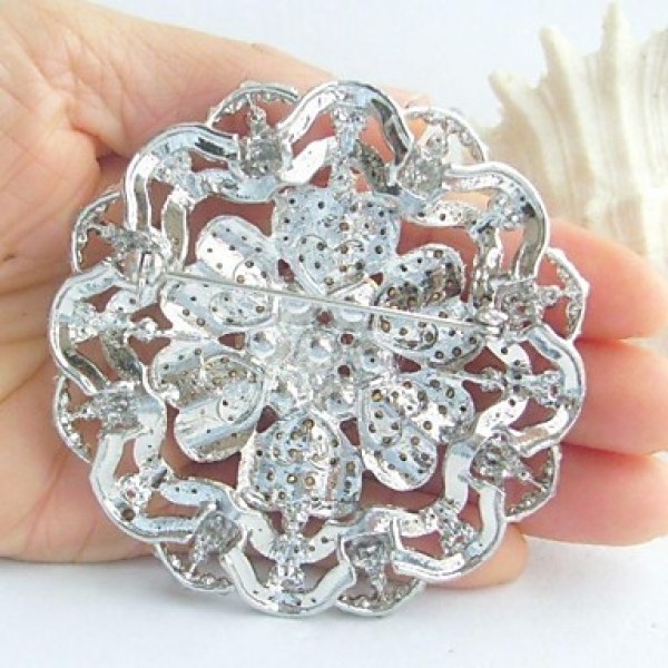 Women's Trendy Alloy Silver-tone Rhinestone Crystal Flower Wedding Bridal Brooch