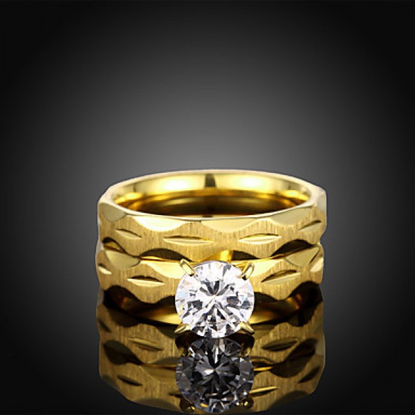 2016 Luxury Gold Zircon Rainbow Titanium Steel Romantic Wedding Couple Ring