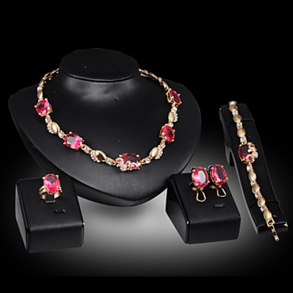 Women's Vintage 18K Gold Plated Zirconia Cut Out Flower Necklace & Earrings & Bracelet & Ring Jewelry Set  
