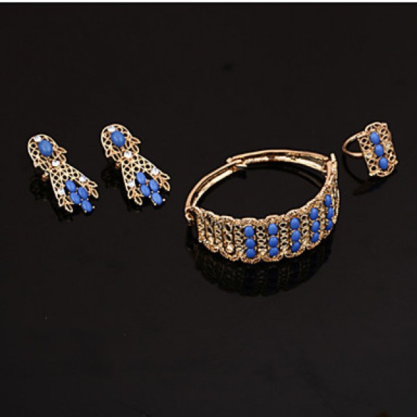 Women's Vintage 18K Gold Plated Rhinestone Tassel Necklace & Earrings & Bracelet & Ring Jewelry Sets  