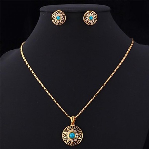 Turquoise Stone 18K Real Gold Plated Rhinestone Circular Stud Earrings Pendant Necklace Fashion Jewelry Set  