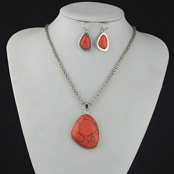 Vintage Copper Natural Red Turquoise Earring Necklace Jewelry Set (1Set)  