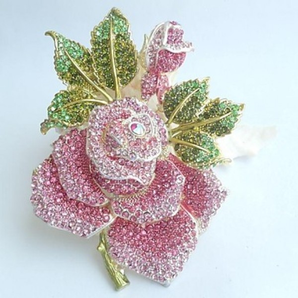 Women's Trendy Alloy Rhinestone Crystal Flower Rose Brooch Pin
