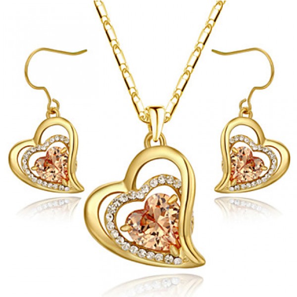 Women's 18k Yellow Gold Plated Champagne Gold Simulated Diamond Heart Pendant Necklace Earrings Set  