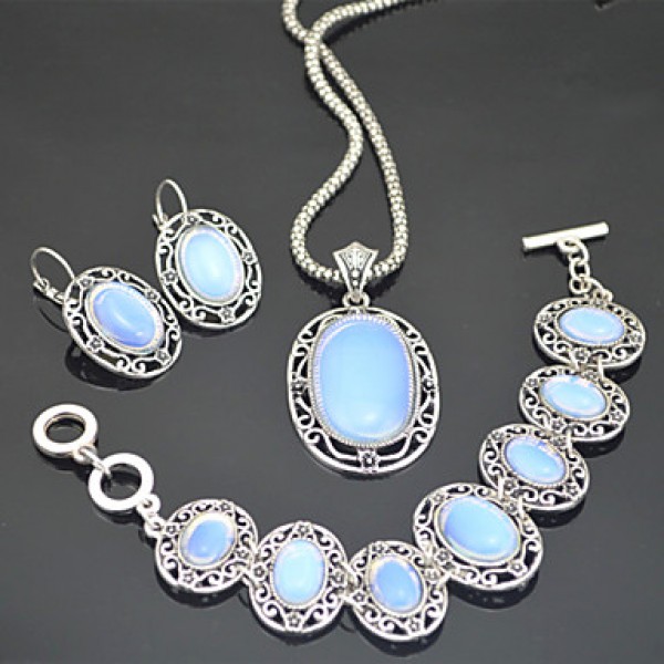 Vintage Antique Silver Natural Opal Transparent Stone Necklace Earring Bracelet Jewelry Set(1Set)  
