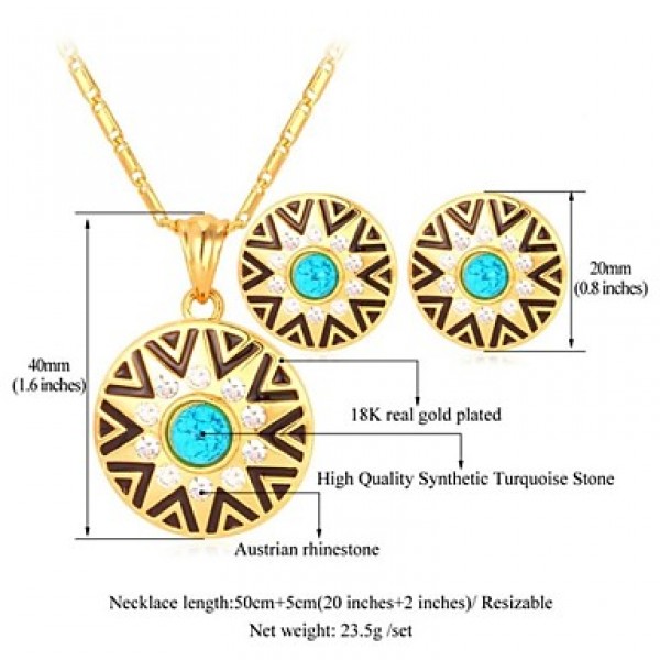Turquoise Stone 18K Real Gold Plated Rhinestone Circular Stud Earrings Pendant Necklace Fashion Jewelry Set  