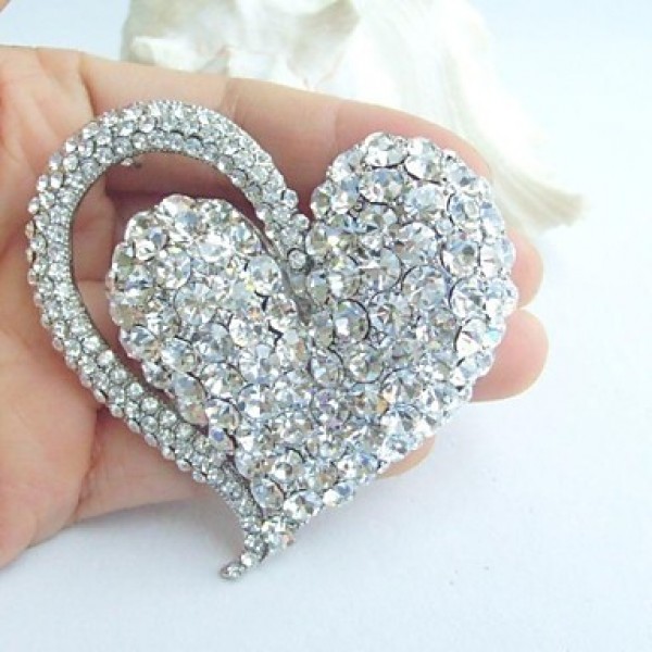 Women's Trendy Alloy Silver-tone Rhinestone Crystal Heart Wedding Bridal Brooch Pin