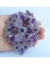 Women's Trendy Alloy Silver-tone Purple Rhinestone Crystal Flower Brooch Pin