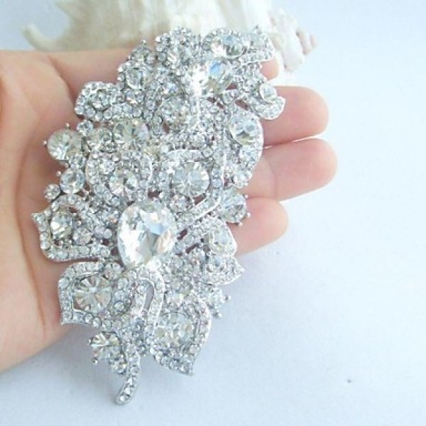 Women's Trendy Alloy Silver-tone Rhinestone Crystal Flower Wedding Bridal Brooch