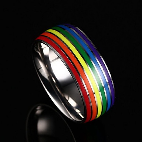 Unisex Rainbow Gay Pride Colorful Pattern Stainless Steel Band Ring