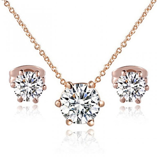 Women's Concise 18K Rose Gold Plated with 6 Prongs Simulated Diamond Stone Pendant Necklace Earrings Set  