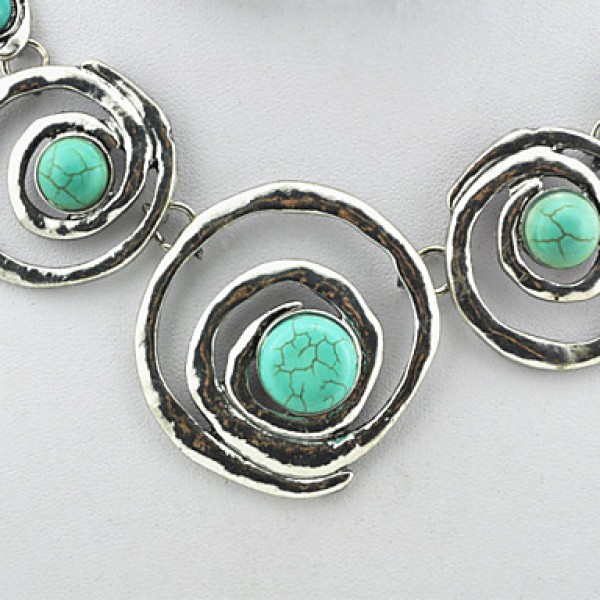 Vintage Antique Silver  Alloy Round Turquoise Stone Necklace Earring Jewelry Set(1Set)  
