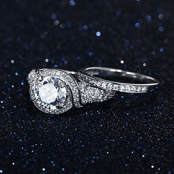 2016 Luxurious Engagement Classic Diamond 925 Sterling Silver Wedding Rings Set For Diamond Birthstone