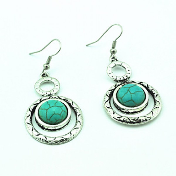 Vintage Antique Silver  Alloy Round Turquoise Stone Necklace Earring Jewelry Set(1Set)  