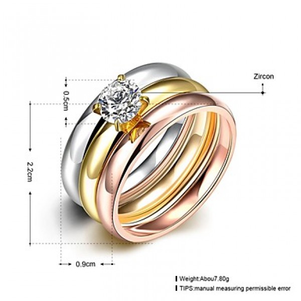 Vintage Classic Tricolor Stainless Steel with A Zircon Womens Girls Polished Rings 3 Pcs A Set