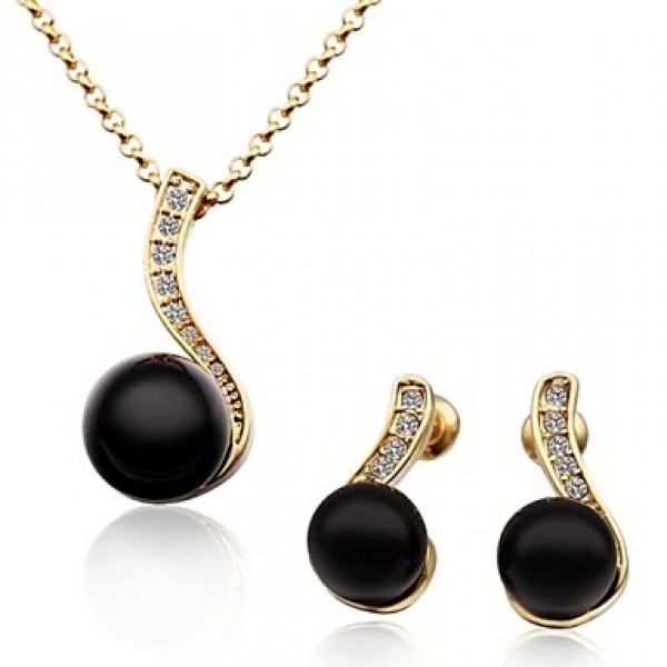Women's 18K Rose Gold Diamond Black Pearl (Necklace&Earrings) Jewelry Sets  
