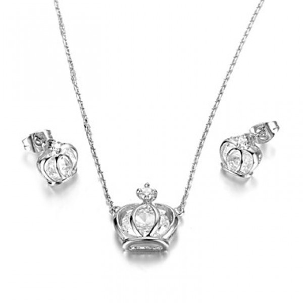 Women's Exquisite 18K White Gold Plated Simulated Diamond Princess Crown Pendant Necklaces Earrings Jewelry Sets  