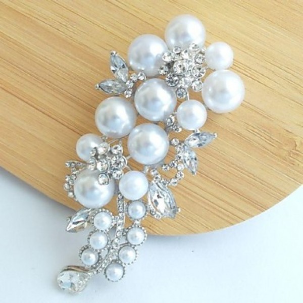 Women's Trendy Alloy Silver-tone Faux Pearl Rhinestone Flower Bridal Brooch Pin