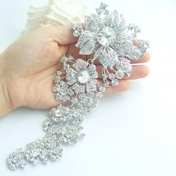 Women's Trendy Alloy Silver-tone Rhinestone Crystal Flower Wedding Bridal Brooch Pin