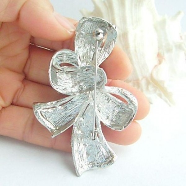 Women's Trendy Alloy Silver-tone Rhinestone Crystal Bowknot Wedding Bridal Brooch