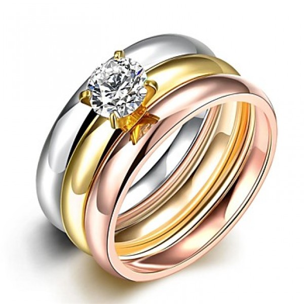 Vintage Classic Tricolor Stainless Steel with A Zircon Womens Girls Polished Rings 3 Pcs A Set