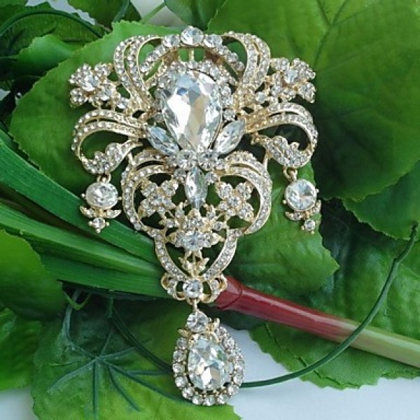 Women's Classic Alloy Gold-tone Clear Rhinestone Crystal Flower Bridal Brooch Pin