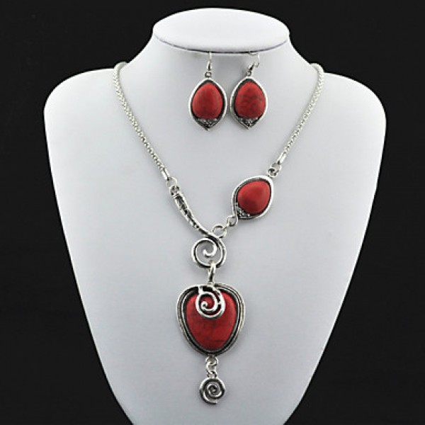 Vintage Look Antique Silver Red Turquoise Lava Stone Necklace Earring Jewelry Set(1Set)  