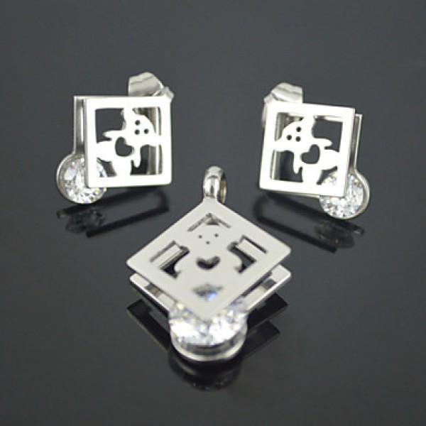 Fashion Gold Silver Stainless Steel Love Heart CZ Bear Pendant Earring Jewelry Set(1Set)  