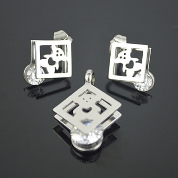 Fashion Gold Silver Stainless Steel Love Heart CZ Bear Pendant Earring Jewelry Set(1Set)  