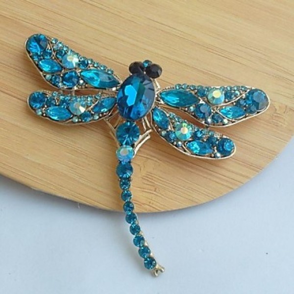 Women's Classic Alloy Gold-tone Turquoise Rhinestone Crystal Dragonfly Brooch Pin