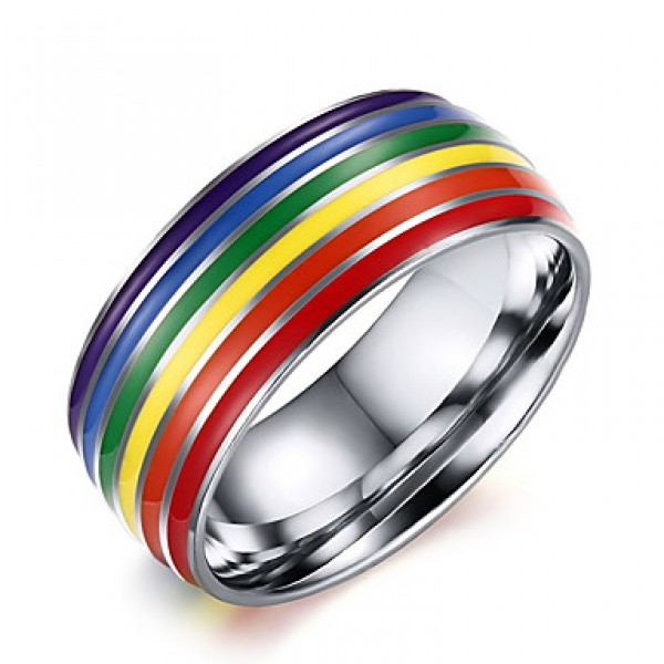 Unisex Rainbow Gay Pride Colorful Pattern Stainless Steel Band Ring