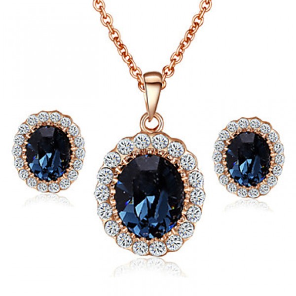 Women's Elegant Cz Diamond Jewelry 18K Rose Gold Pated Blue Sapphire Crystal Pendants Necklaces Earrings Sets  