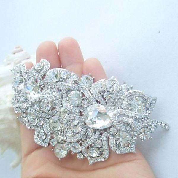 Women's Trendy Alloy Silver-tone Rhinestone Crystal Flower Wedding Bridal Brooch