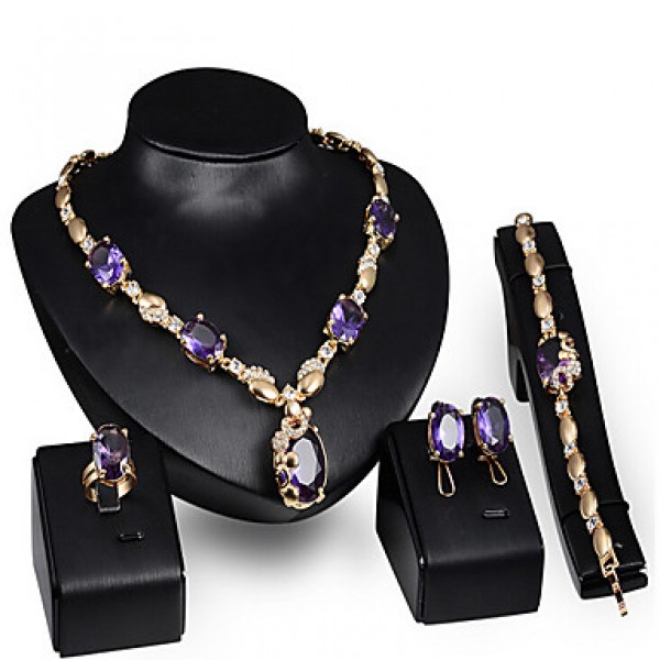 Fashion Gem Necklace Earrings Ring Bracelet Set Dinner  