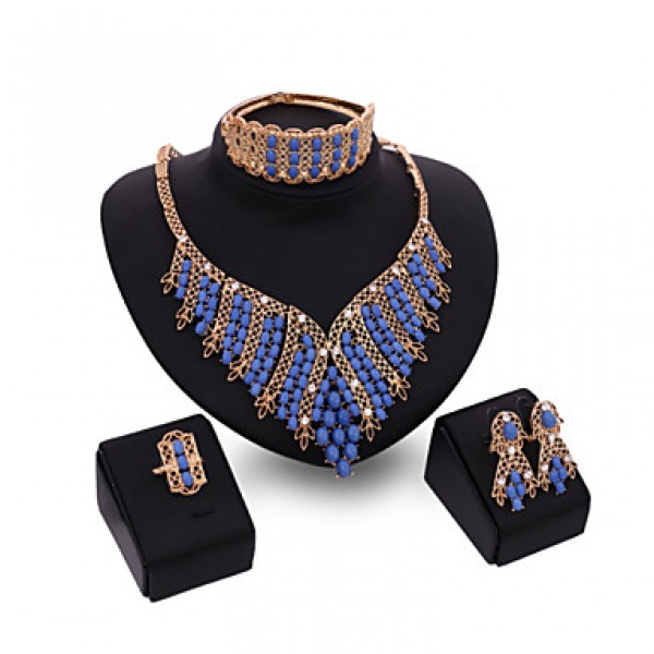 Women's Vintage 18K Gold Plated Rhinestone Tassel Necklace & Earrings & Bracelet & Ring Jewelry Sets  