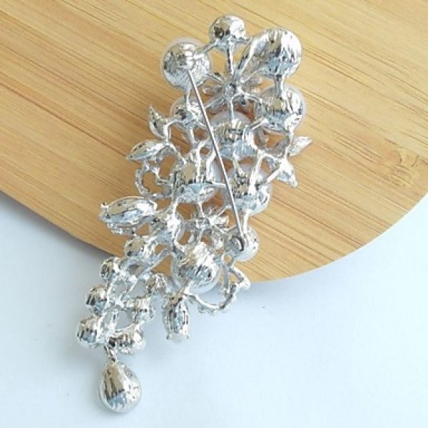 Women's Trendy Alloy Silver-tone Faux Pearl Rhinestone Flower Bridal Brooch Pin