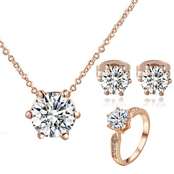 Women's Classic 18K Rose Gold Plated with 6 Prongs Simulated Diamond Stone Pendant Necklace Earrings Ring Set  