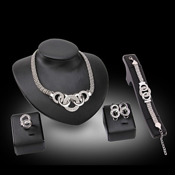 Lucky Doll Diamond Silver Plated Rhinestone Tassel Necklace & Earrings & Bracelet & Ring Party Jewelry Sets  