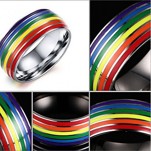 Unisex Rainbow Gay Pride Colorful Pattern Stainless Steel Band Ring