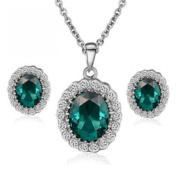 Women's Elegant Cz Diamond Jewelry 18K White Gold Pated Emerald Green Crystal Pendants Necklaces Earrings Sets  