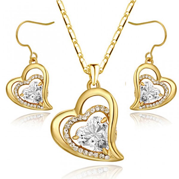Women's 18k Yellow Gold Plated Clear Cubic Zirconia Simulated Diamond Heart Pendant Necklace Earrings Set  