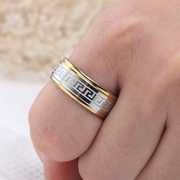  8mm Width Two Tone The Great Wall Pattern Titanium Steel Men's Band Ring