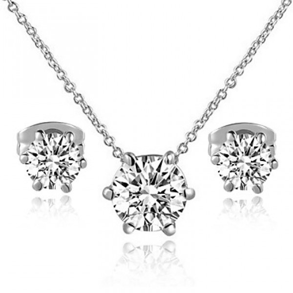 Women's Classic 18K White Gold Plated with 6 Prongs Simulated Diamond Stone Pendant Necklace Earrings Set  