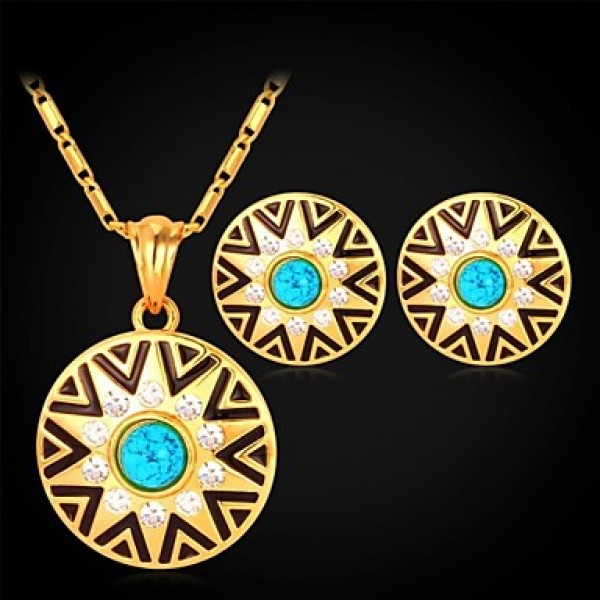 Turquoise Stone 18K Real Gold Plated Rhinestone Circular Stud Earrings Pendant Necklace Fashion Jewelry Set  
